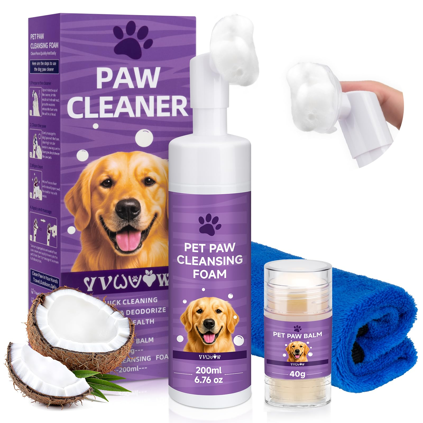 Dog Paw Cleaner Kit – Soft Silicone Brush for Safe Mud & Odor Removal, Travel No-Rinse pH Balanced Natural Formula, Gentle Daily Use – for Rain, Snow, Mud – Includes Towel & Paw Balm