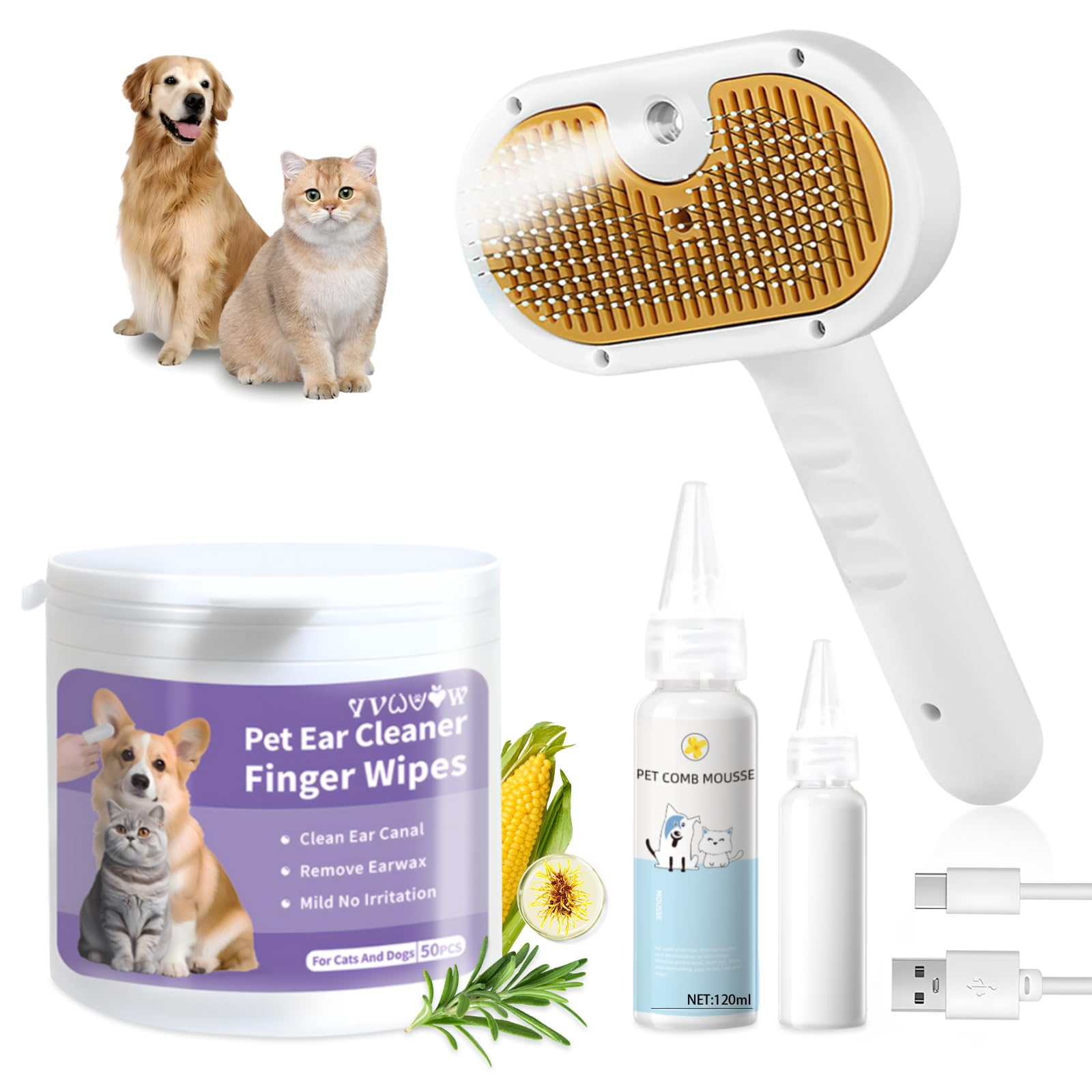 Pet Steam Brush for Dog & Cat – 3-in-1 Spray Hair Removal Comb – Steam for Shedding & Grooming – Water Brush for Long & Short Haired Pets – Spritz Defur Comb