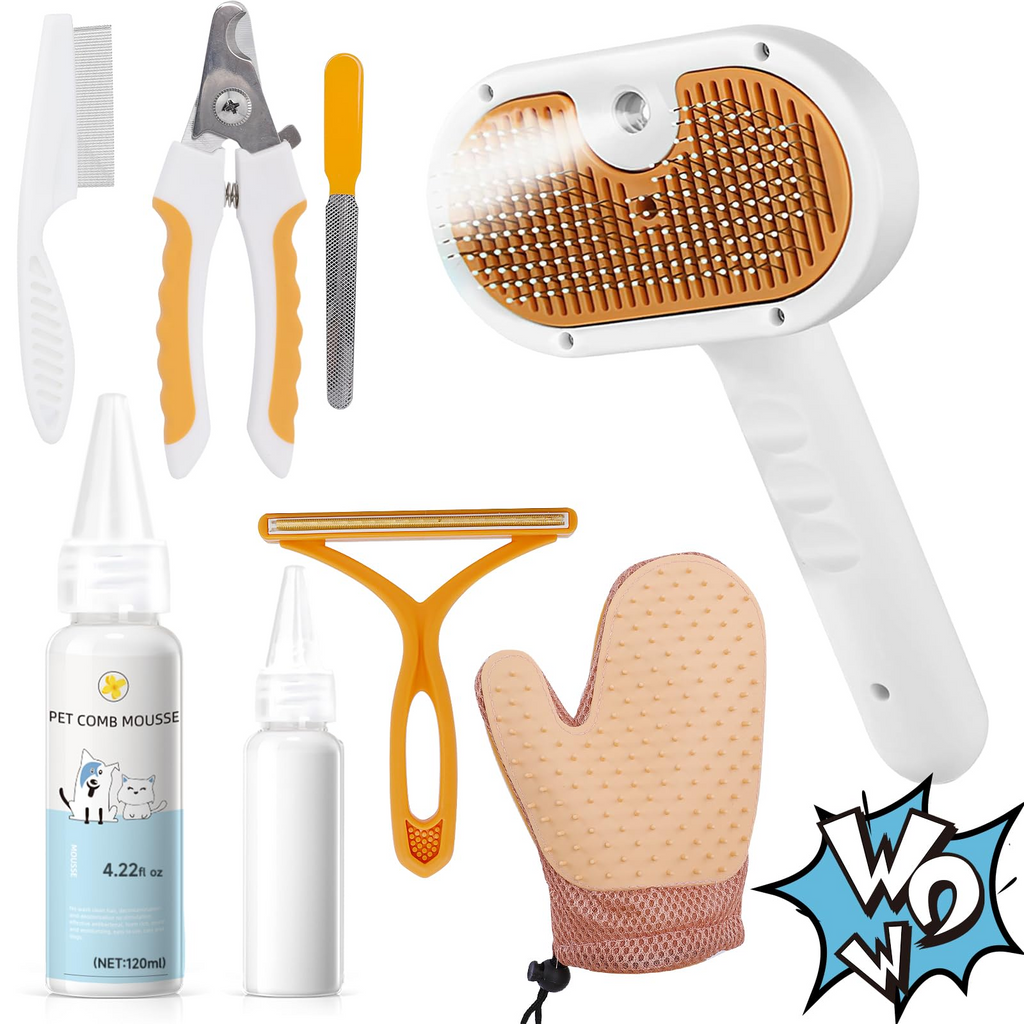 Pet Steam Brush for Dog & Cat – 3-in-1 Spray Hair Removal Comb for Shedding & Grooming Shedding Glove, Flea Comb, Couch Carpet Hair Removal Tool, Nail Toenail Clippers Nail File Shampoo-8PCS