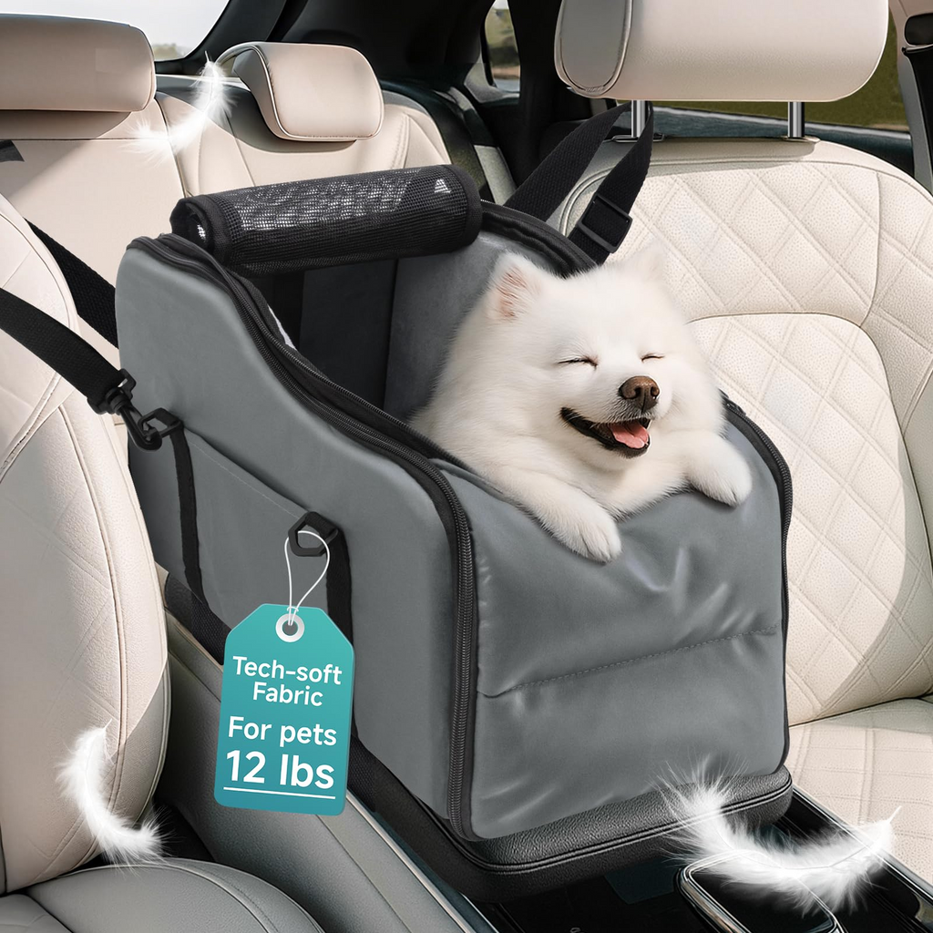 Center Console Dog Car Seat - Suitable for Small Dogs and Puppies Up to 12 lbs,Portable Armrest Booster with Safety Belt, Easy-Clean Technical Cloth,Safety Leash,Storage Bag,Multi-Function Pet Carrier