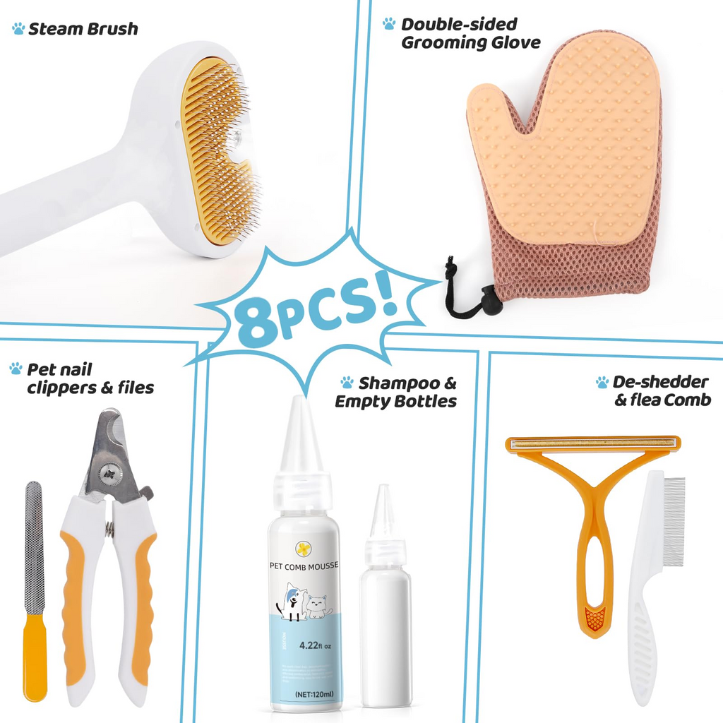 Pet Steam Brush for Dog & Cat – 3-in-1 Spray Hair Removal Comb for Shedding & Grooming Shedding Glove, Flea Comb, Couch Carpet Hair Removal Tool, Nail Toenail Clippers Nail File Shampoo-8PCS