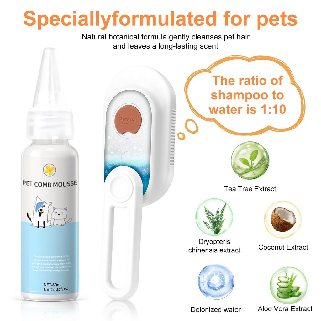 Steam Brush for Cat & Dog – 3-in-1 Spritz Pet Spray Hair Removal Comb for Grooming & Shedding Steam – Water Brush for Long & Short Haired Pets– Includes Two Bottles Waterless Shampoo