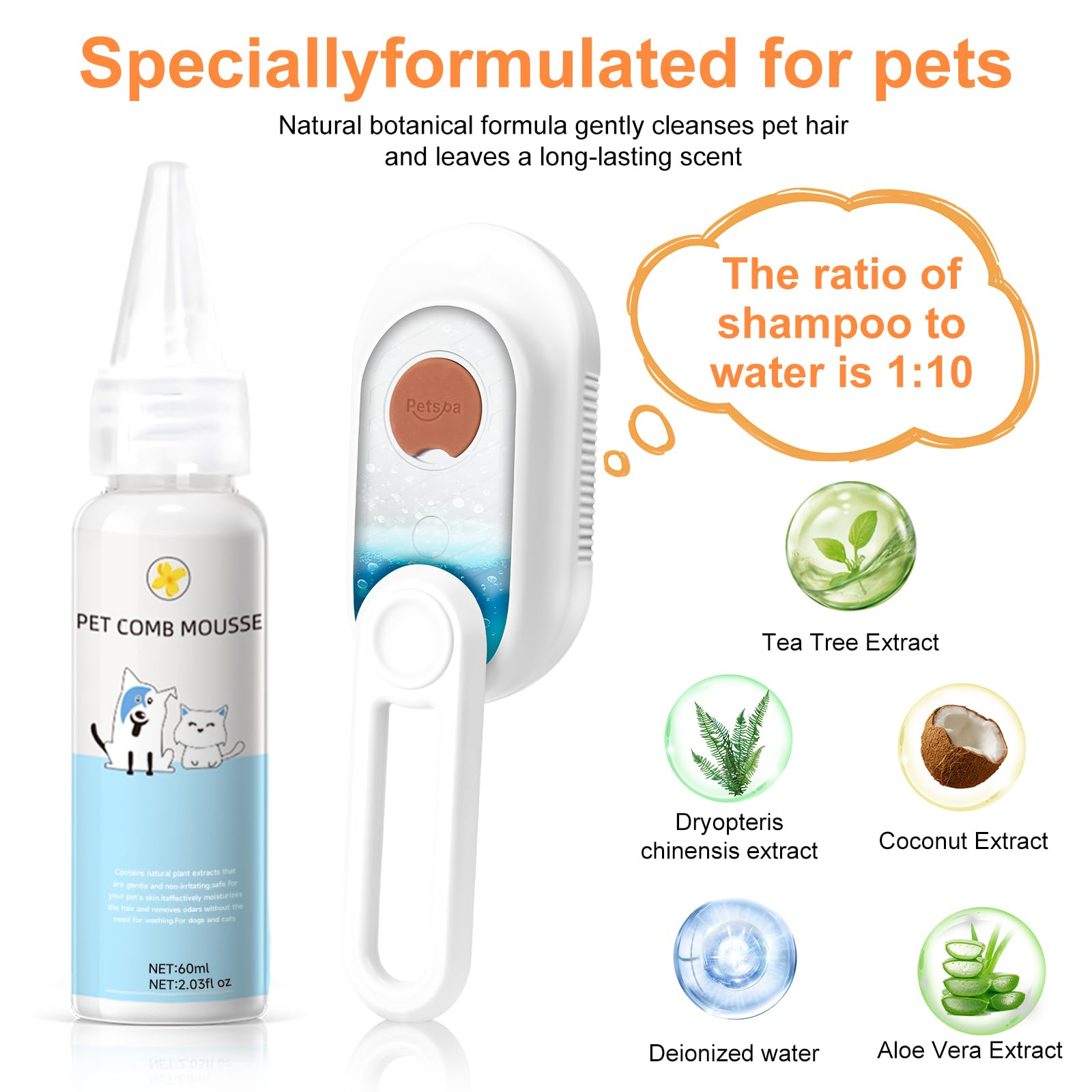 Steam Brush for Cat & Dog – 3-in-1 Spritz Pet Spray Hair Removal Comb for Grooming & Shedding Steam – Water Brush for Long & Short Haired Pets– Includes Two Bottles Waterless Shampoo