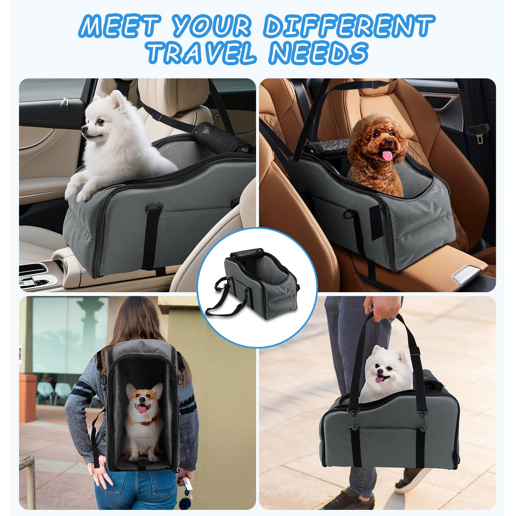 Center Console Dog Car Seat - Suitable for Small Dogs and Puppies Up to 12 lbs,Portable Armrest Booster with Safety Belt, Easy-Clean Technical Cloth,Safety Leash,Storage Bag,Multi-Function Pet Carrier