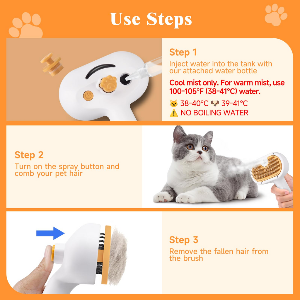 Pet Steam Brush for Dog & Cat – 3-in-1 Spray Hair Removal Comb – Steam for Shedding & Grooming – Water Brush for Long & Short Haired Pets – Spritz Defur Comb