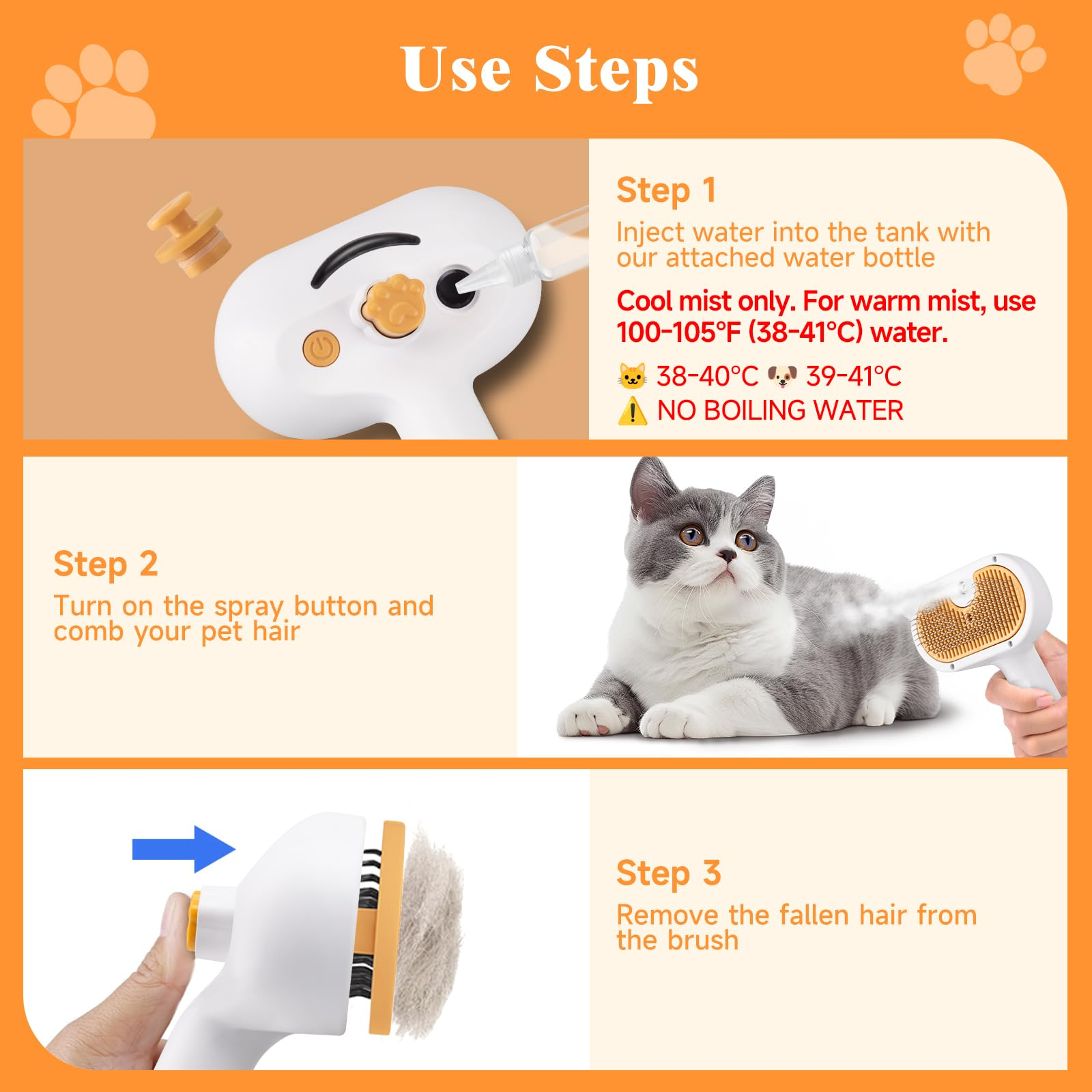 Pet Steam Brush for Dog & Cat – 3-in-1 Spray Hair Removal Comb – Steam for Shedding & Grooming – Water Brush for Long & Short Haired Pets – Spritz Defur Comb