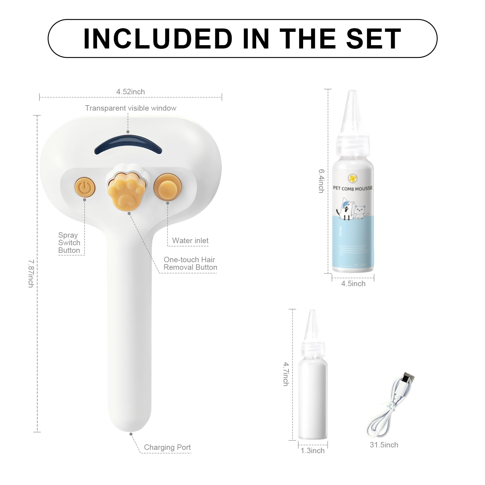 Pet Steam Brush for Dog & Cat – 3-in-1 Spray Hair Removal Comb – Steam for Shedding & Grooming – Water Brush for Long & Short Haired Pets – Spritz Defur Comb – Includes Waterless Shampoo