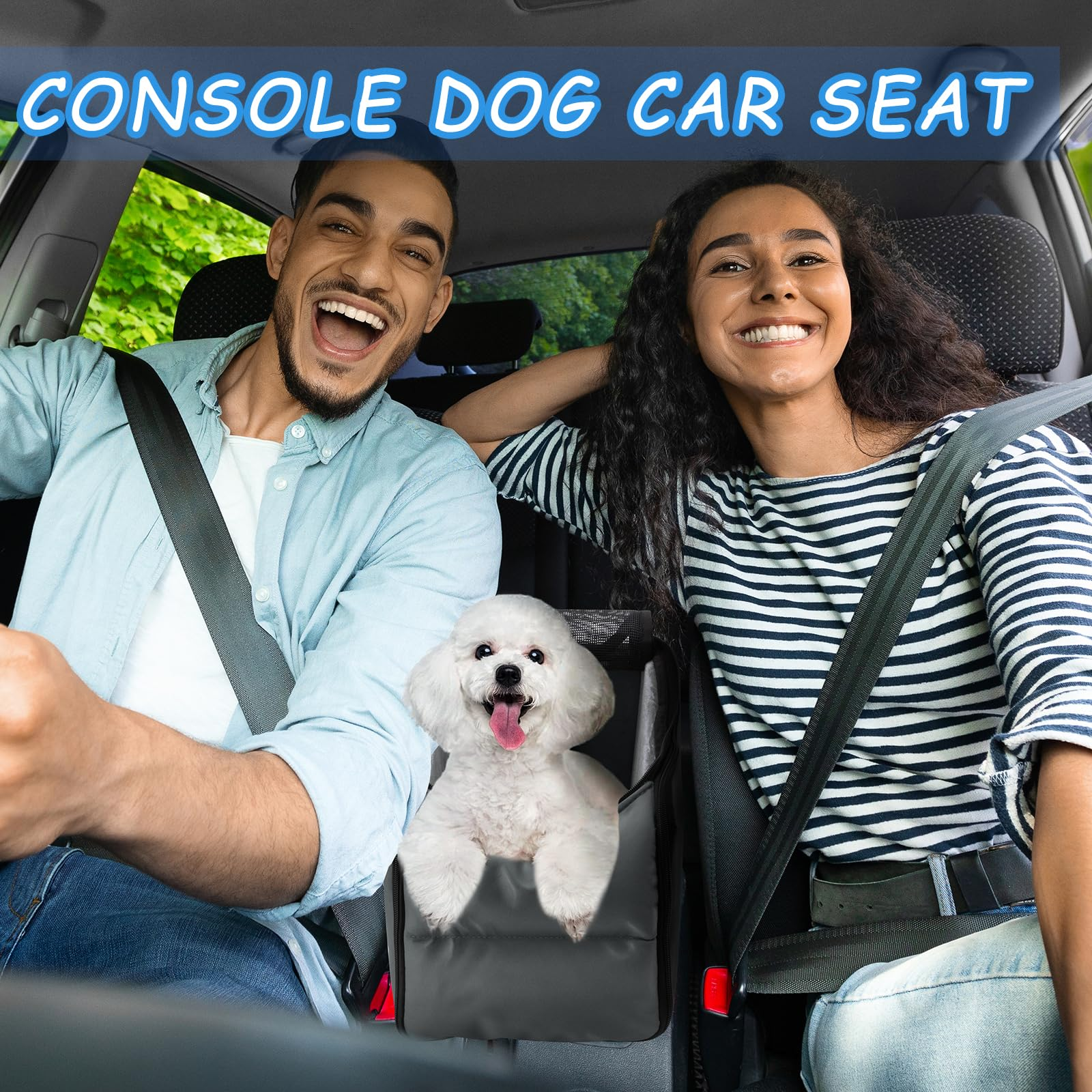Center Console Dog Car Seat - Suitable for Small Dogs and Puppies Up to 12 lbs,Portable Armrest Booster with Safety Belt, Easy-Clean Technical Cloth,Safety Leash,Storage Bag,Multi-Function Pet Carrier