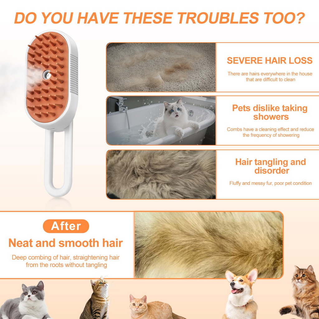 Steam Brush for Cat & Dog – 3-in-1 Spritz Pet Spray Hair Removal Comb for Grooming & Shedding Steam – Water Brush for Long & Short Haired Pets– Includes Two Bottles Waterless Shampoo