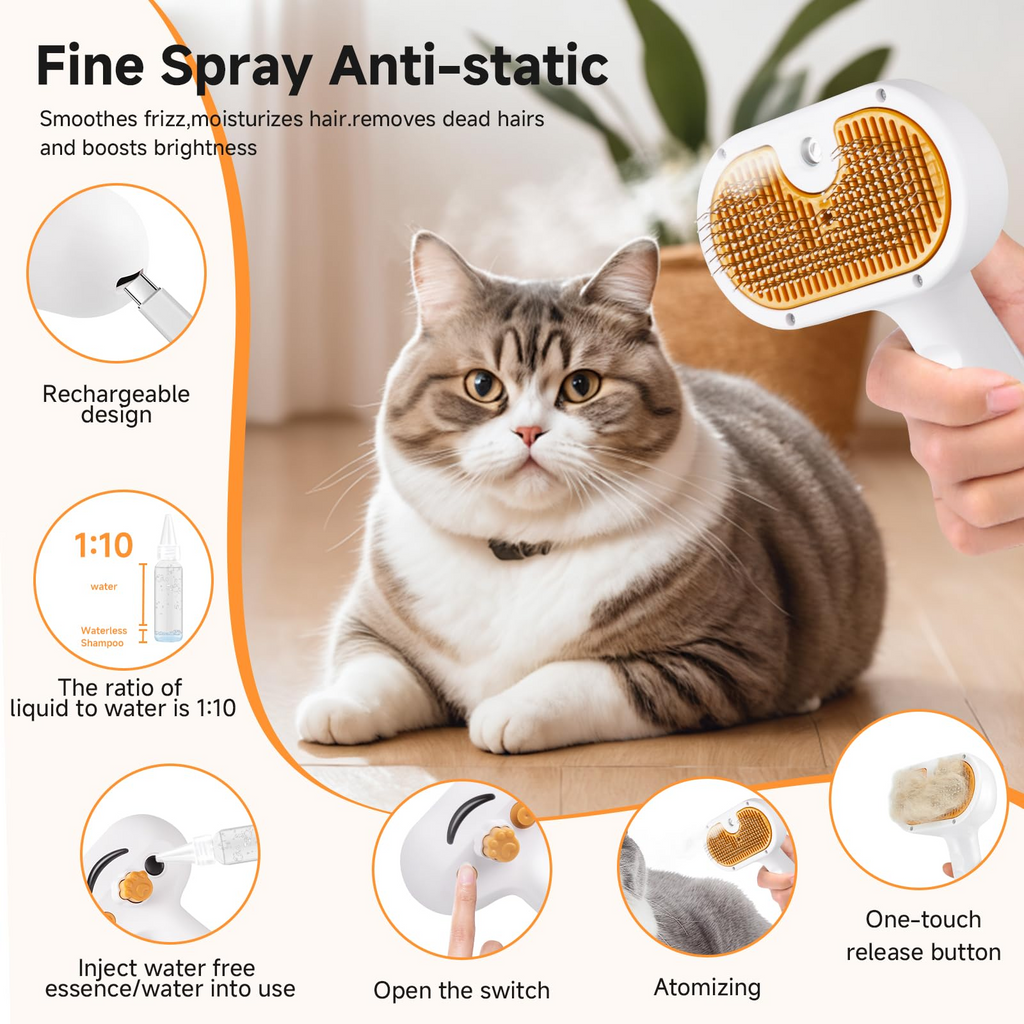 Pet Steam Brush for Dog & Cat – 3-in-1 Spray Hair Removal Comb – Steam for Shedding & Grooming – Water Brush for Long & Short Haired Pets – Spritz Defur Comb
